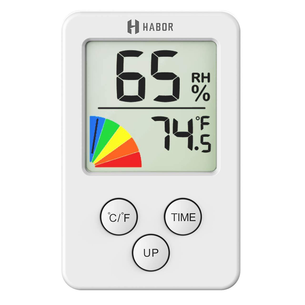 Habor Mini Indoor Thermometer Digital Hygrometer, Room Thermometer 12/24 Hour Time Clock, Temperature Humidity Monitor Home, Babyroom, Office, Greenhouse, Cellar, White (2.7 X 1.7 Inch) - NORTH FIRST PLUS, LLC