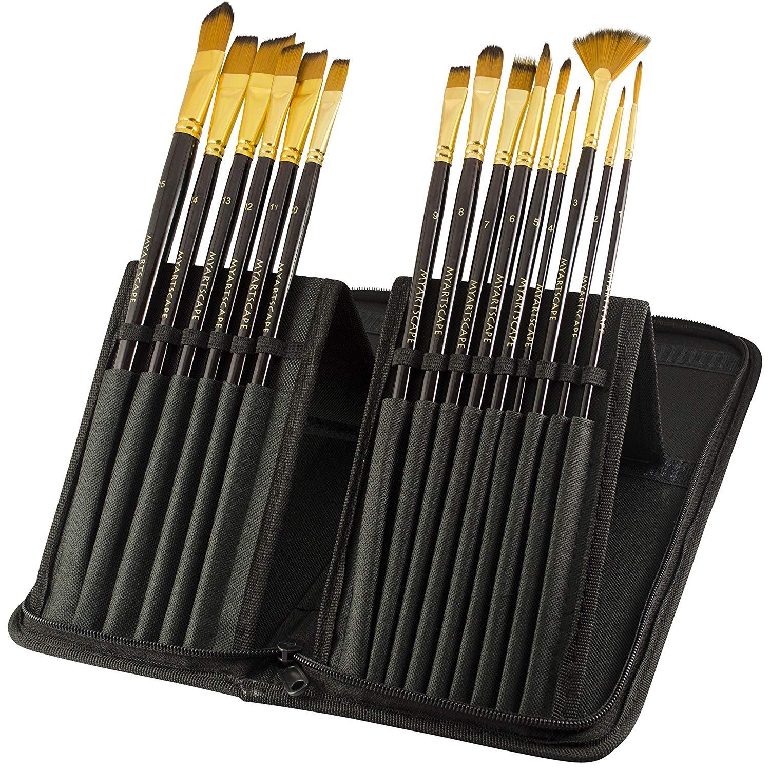 Paint Brushes - 15 Pc Brush Set for Watercolor, Acrylic, Oil Face Painting Long Handle Artist Paintbrushes with Travel Holder (Black) Free Gift Box Premium Art Supplies by MyArtscape™ - NORTH FIRST PLUS, LLC
