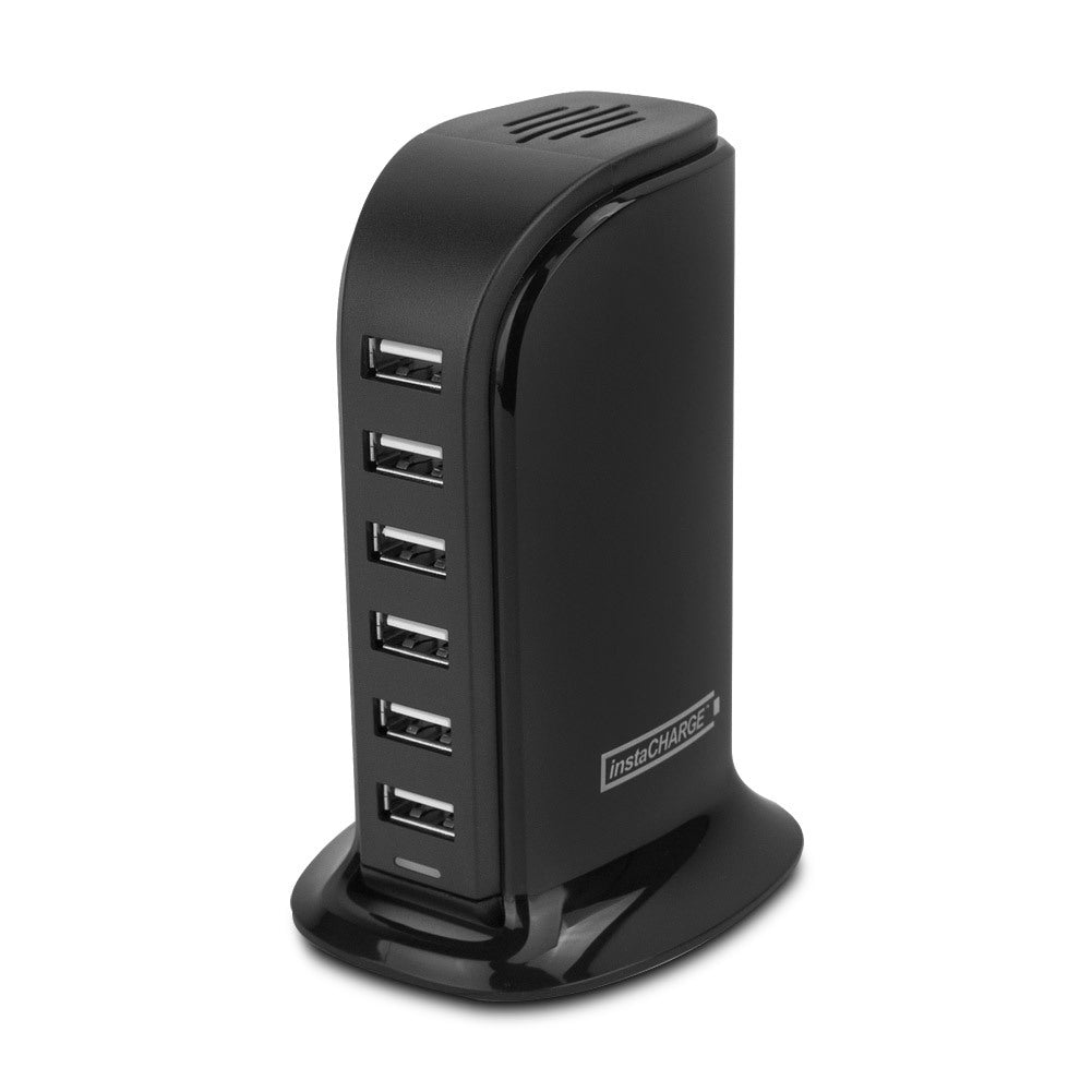 instaCHARGE 6-Port USB Smart Charge Tower + microUSB & Lightning Adapter, Black