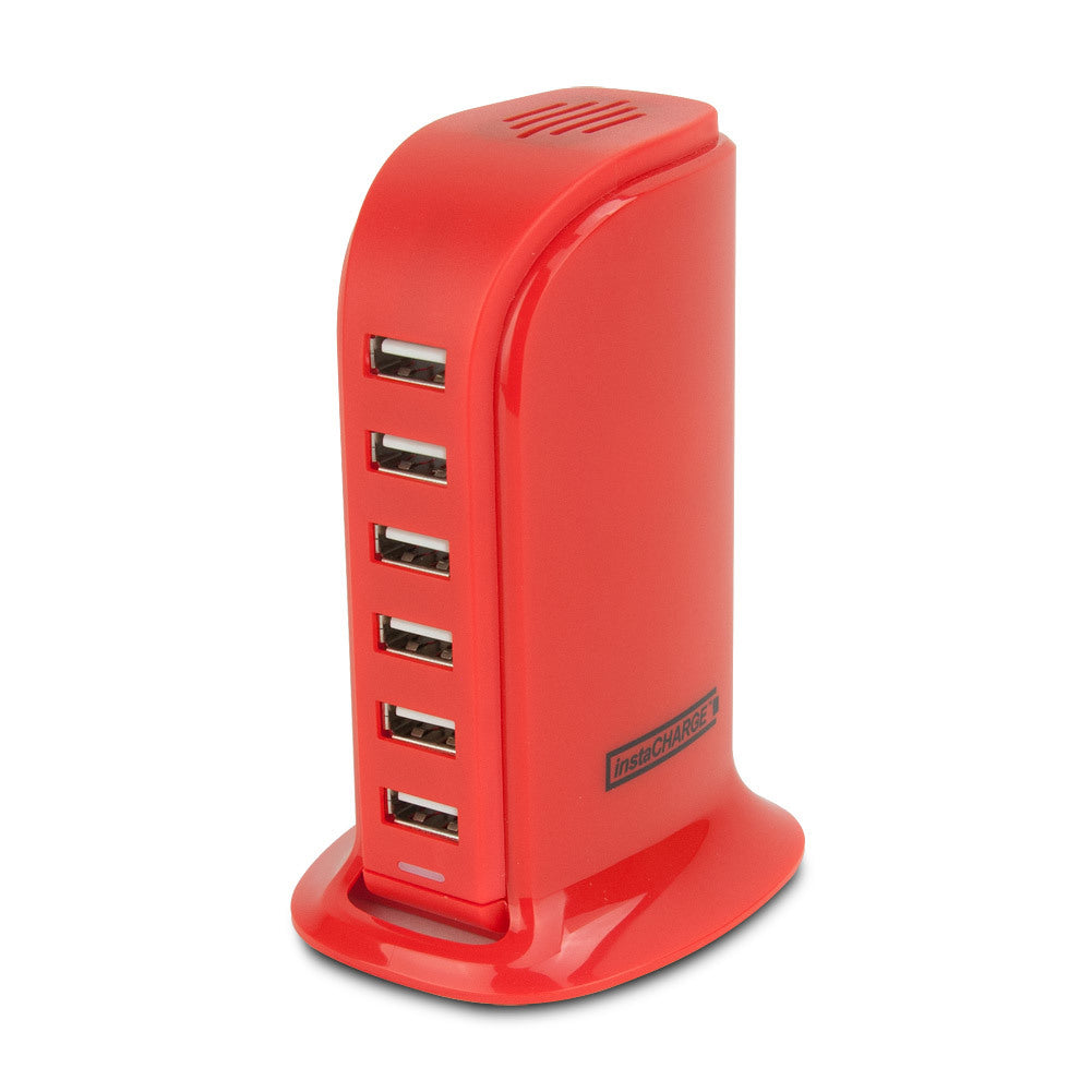 instaCHARGE 6-Port USB Smart Charge Tower + microUSB & Lightning Adapter, Red