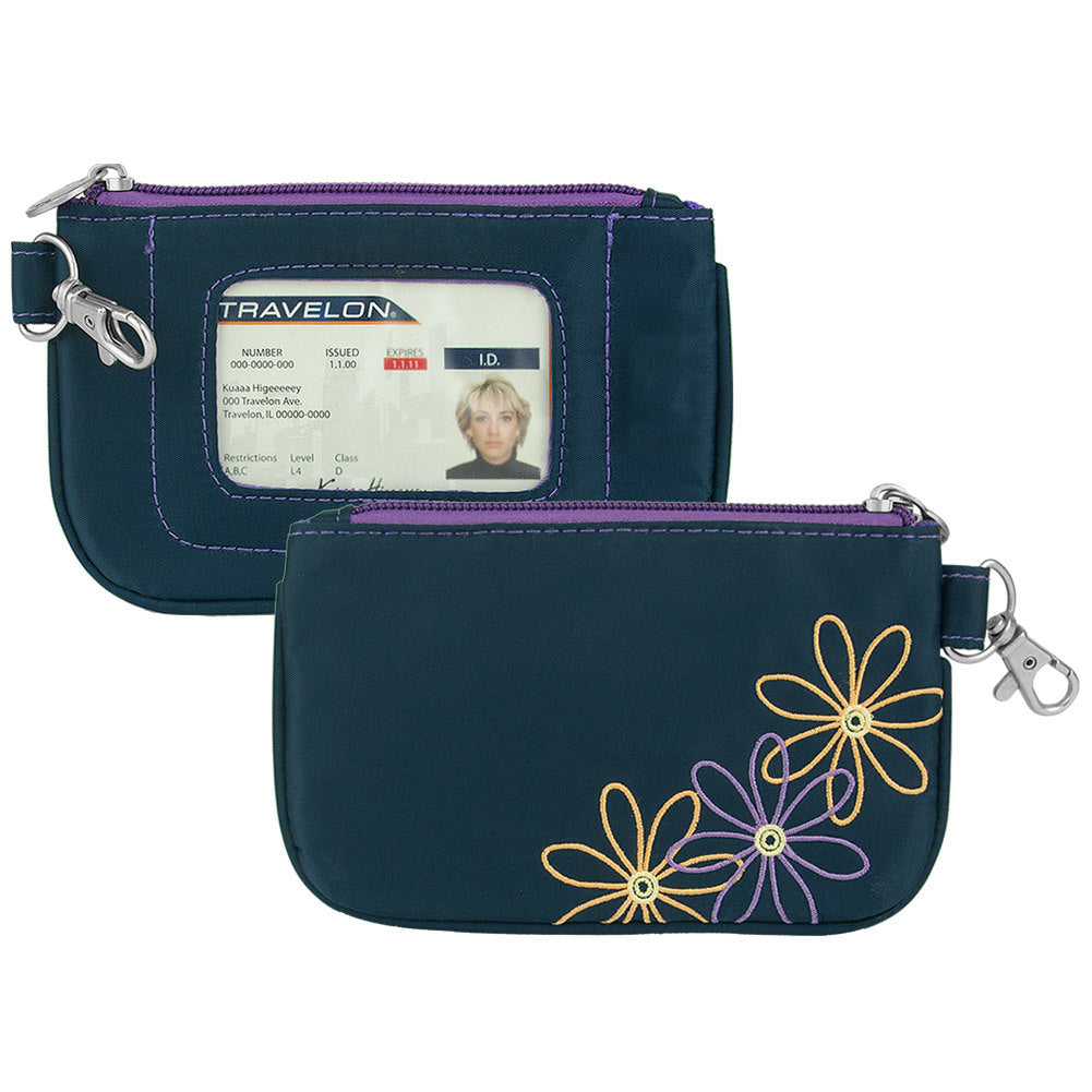 Travelon RFID Blocking Daisy Zip ID Card Holder Coin Pouch Wallet Navy
