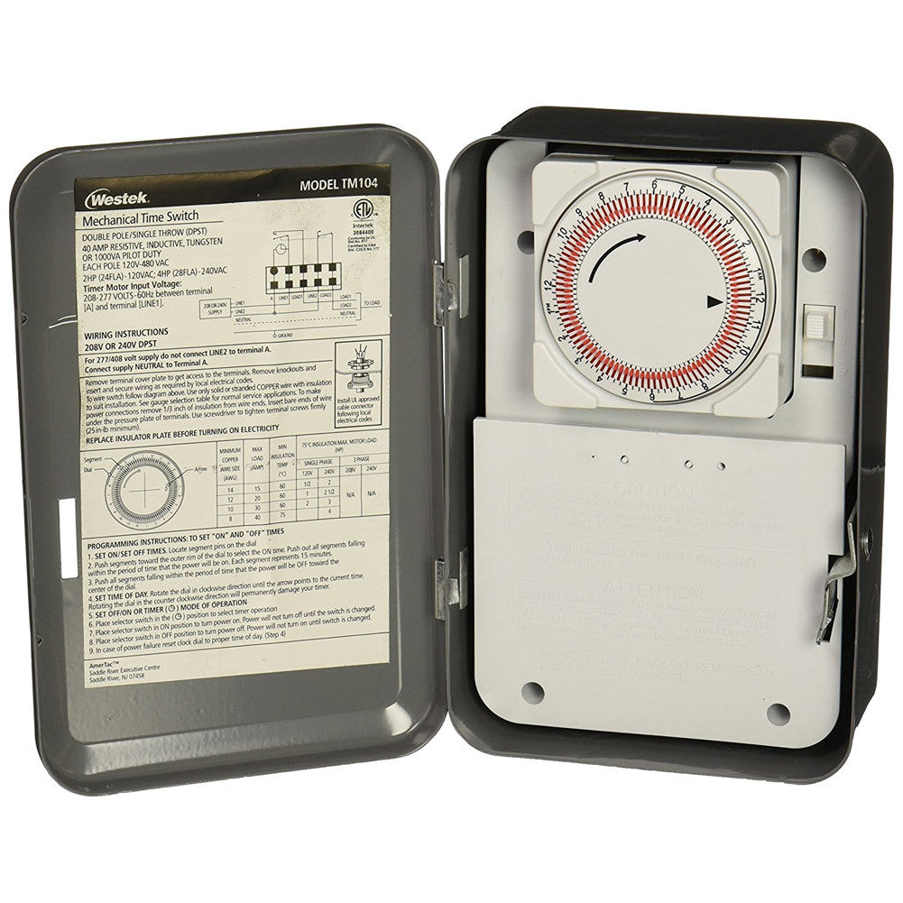 Westek TM104 208 to 277-Volt DPST 40 AMP Hardwire Indoor Mechanical Timer Switch