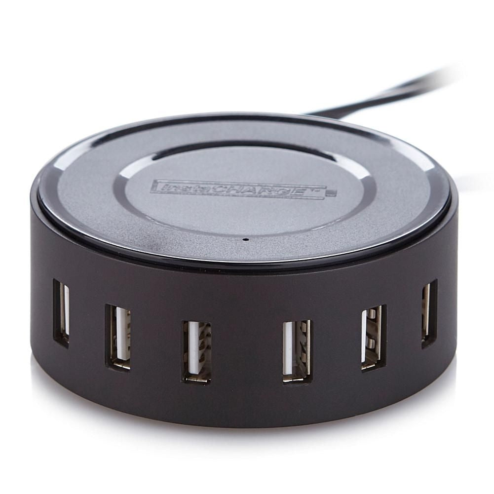 instaCHARGE 6-Port USB Smart Charge Disc + microUSB & Lightning Adapter, Black