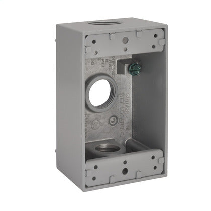 Weatherproof Box, 1 Gang, (3) 3/4" Outlets, 2" Deep, Aluminum Die Cast