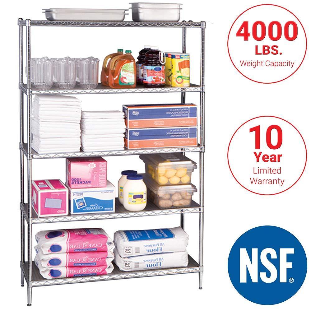 Seville Classics UltraDurable Commercial-Grade 5-Tier NSF-Certified Steel Wire Shelving with Wheels, 48" W x 18" D x 72" H, Chrome - NORTH FIRST PLUS, LLC
