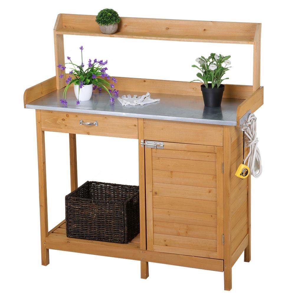 Topeakmart Outdoor Potting Bench Work Station Garden Planting with Cabinet and Drawer and Top Shelf and Lower Shelf - NORTH FIRST PLUS, LLC