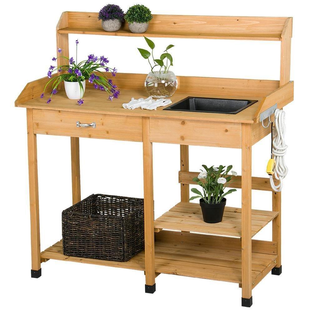 Topeakmart Outdoor Garden Potting Bench Potting Tabletop with Sink Drawer Rack Shelves Work Station - NORTH FIRST PLUS, LLC