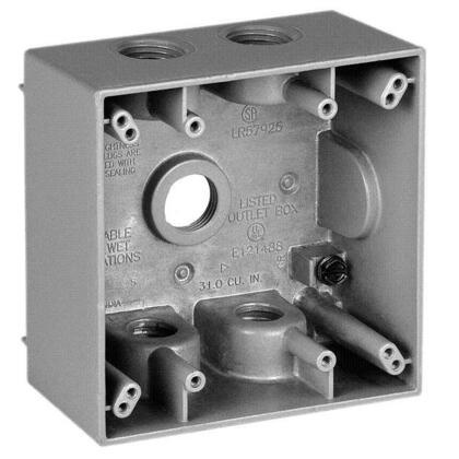 Weatherproof Outlet Box, 2 Gang, (5) 1/2" Outlets, 2-5/8" Deep, Die Cast Metal, Gray