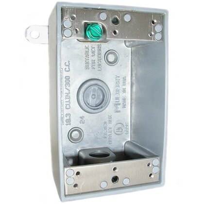 Weatherproof Outlet Box, 1-Gang, (3) 1/2" Outlets, 2" Deep, Aluminum, Gray