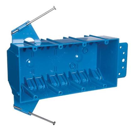 Switch/Outlet Box with Bracket, 4-Gang, Depth: 2-1/2", Nail-On, Non-Metallic