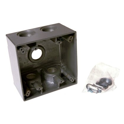 Weatherproof Box, 2 Gang, (5) 1" Outlets, 2-5/8" Deep, Aluminum Die Cast