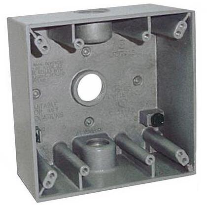 Weatherproof Outlet Box, 2 Gang, (3) 1" Outlets, 2" Deep, Die Cast Metal, Gray
