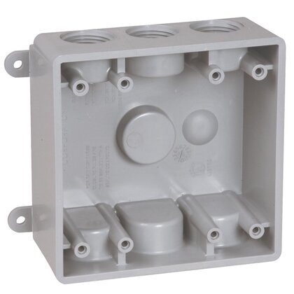 Weatherproof Box, 2 Gang, (7) 3/4" Outlets, 2" Deep, Polycarbonate, Gray