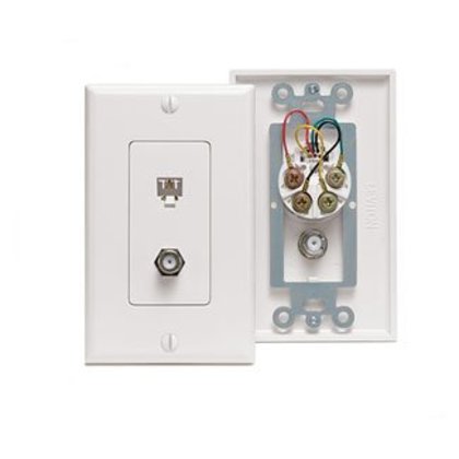 Wall Plate & Connector, F Coaxial and Telephone Jack, Decora, White
