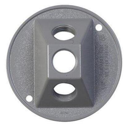 Weatherproof Cover, Round, (3) 1/2" Outlet, 4.125" Diameter, Die-Cast Aluminum, Gray