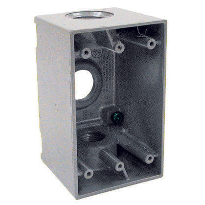 Weatherproof Box, 1 Gang, (3) 3/4" Outlets, 2-5/8" Deep, Aluminum Die Cast
