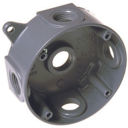 Weatherproof Box, 4" Diameter, (5) 1/2" Outlets, 1-1/2" Deep, Aluminum Die Cast