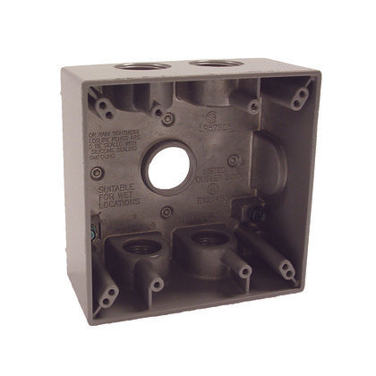 Weatherproof Box, 2 Gang, (5) 3/4" Outlets, 2" Deep, Aluminum Die Cast