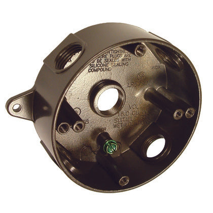 Weatherproof Box, 4" Diameter, (5) 1/2" Outlets, 1-1/2" Deep, Aluminum Die Cast, Bronze
