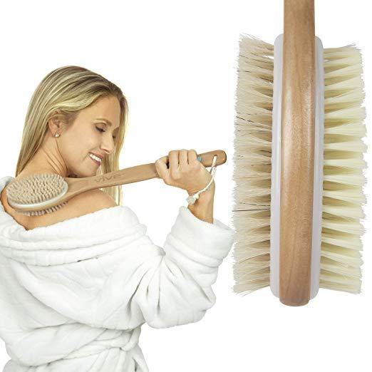 Vive Shower Brush - Dry Skin Body Exfoliator - Shower and Bath Scrubber For Wash Brushing, Exfoliating, Cellulite, Foot Scrub, Leg Exfoliant w/Soft and Stiff Massage Bristles - Wooden Long Handle - NORTH FIRST PLUS, LLC