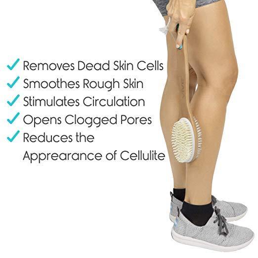 Vive Shower Brush - Dry Skin Body Exfoliator - Shower and Bath Scrubber For Wash Brushing, Exfoliating, Cellulite, Foot Scrub, Leg Exfoliant w/Soft and Stiff Massage Bristles - Wooden Long Handle - NORTH FIRST PLUS, LLC