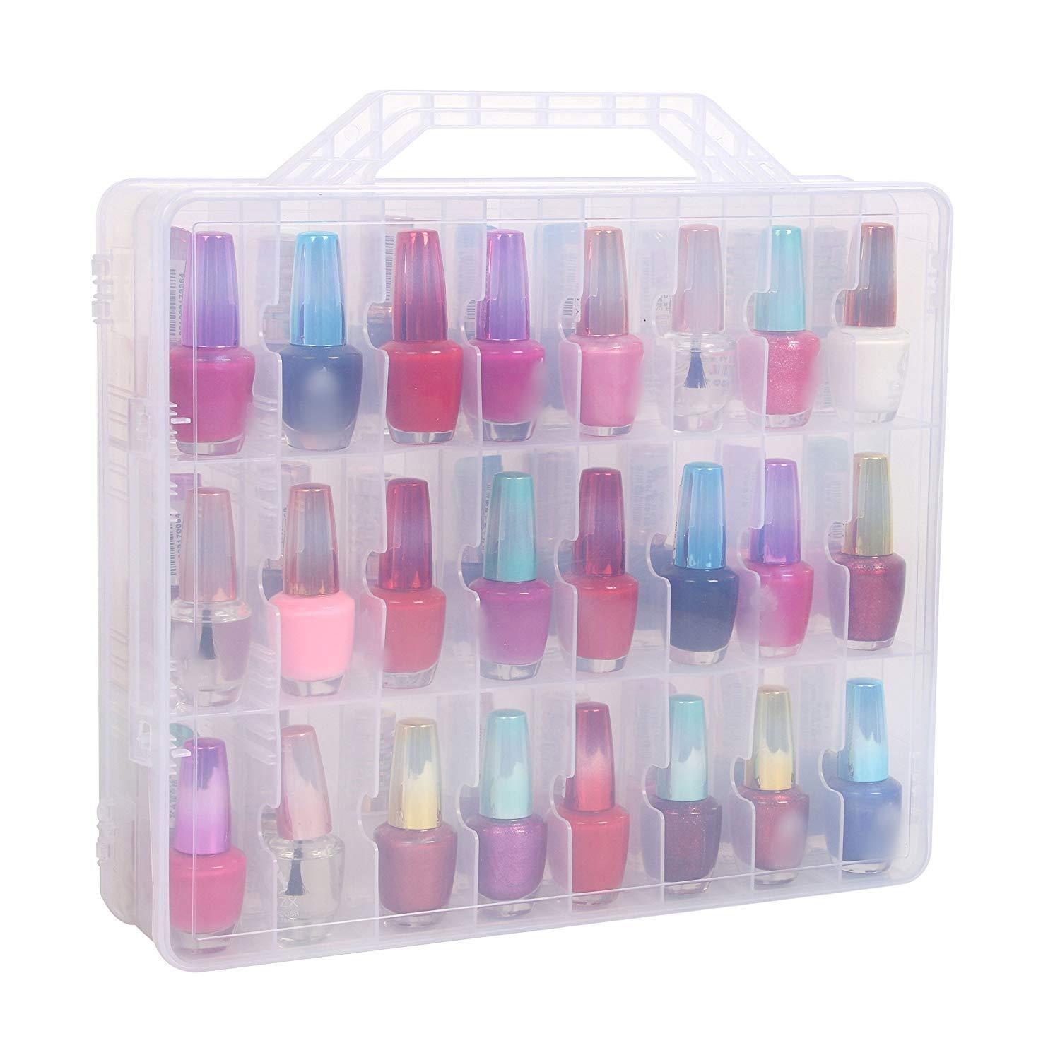 Portable Clear Double Side Nail Polish Organizer Holder Up to 48 Bottle Adjustable Spaces Divider + 2 Manicure Tool Compartments - NORTH FIRST PLUS, LLC