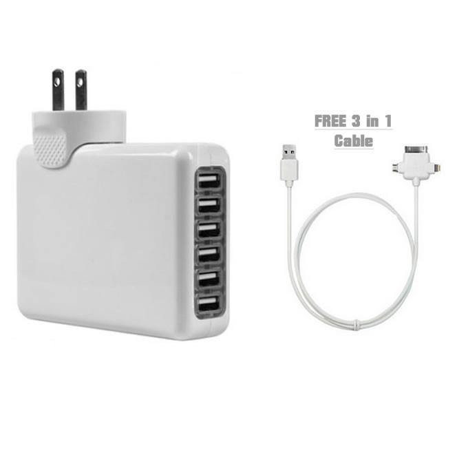 6 USB Ports Wall Charger in one with FREE 3 in 1 Cable - NORTH FIRST PLUS, LLC