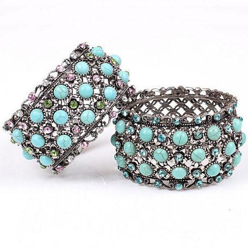 Timeless Turquoise and Crystal Bangle Bracelet in Vintage Style
