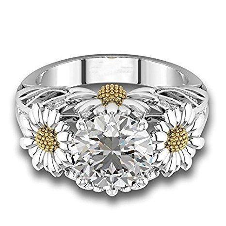 Women's Fashion Jewelry 925 Silver White Sapphire Gold Flower Gem Wedding Ring (8) - NORTH FIRST PLUS, LLC